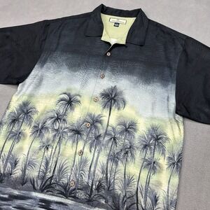 Tommy Bahama Shirt Mens L Black Ombre Palm Trees Waves 100% Silk Hawaiian Aloha